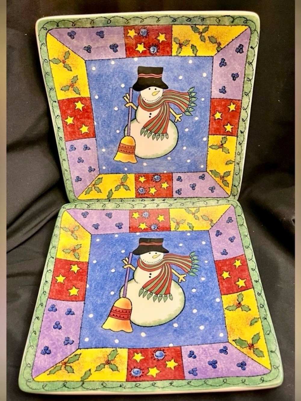 Sango Sweet Shoppe Christmas Snowman Square Plates Trivets Set of 2 Sue Zipkin